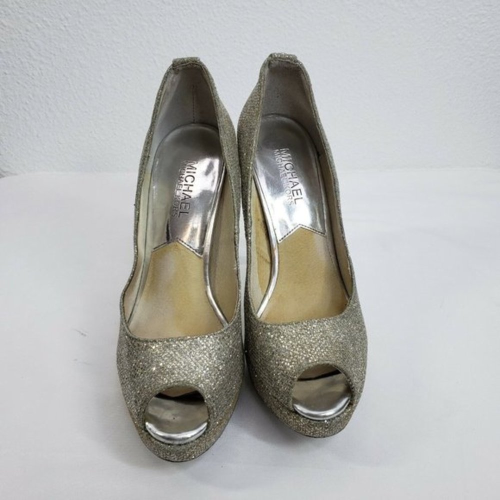 Michael Kors Peep Toe‎ Slip On Pumps Gold Silver Women Size 6 M Platform Heels - Picture 5 of 12